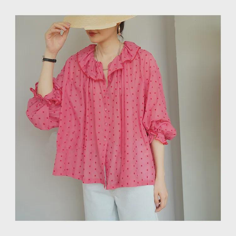 Yilu Peach Pink French Blouse: Summer Vacation Light Long-Sleeved Sunscreen Shirt for Women