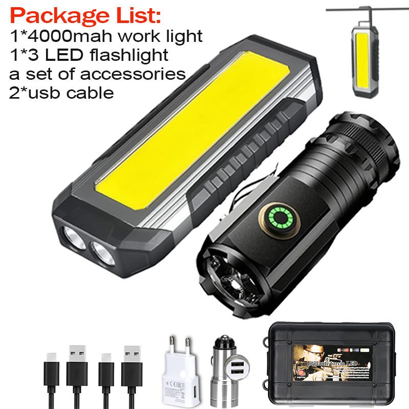 Work Rechargeable Light LED 4000MaH Portable Flashlight Magnetic Lamp 7 Modes With Hooks for Car Inspection Camping Lighting