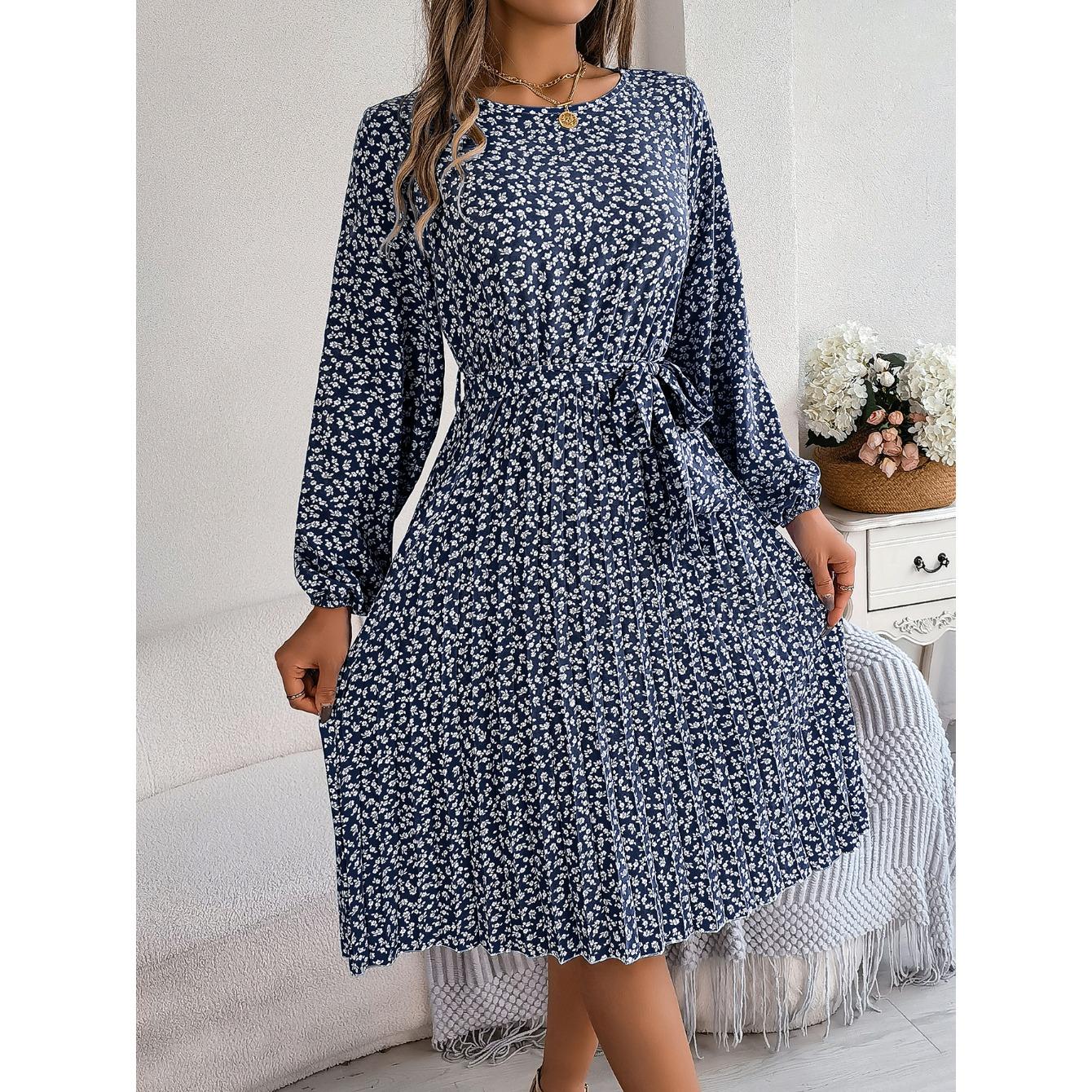 

HNXC Autumn and Winter Casual Long-sleeved Floral Pleated Skirt Women s Wear M темно-синий