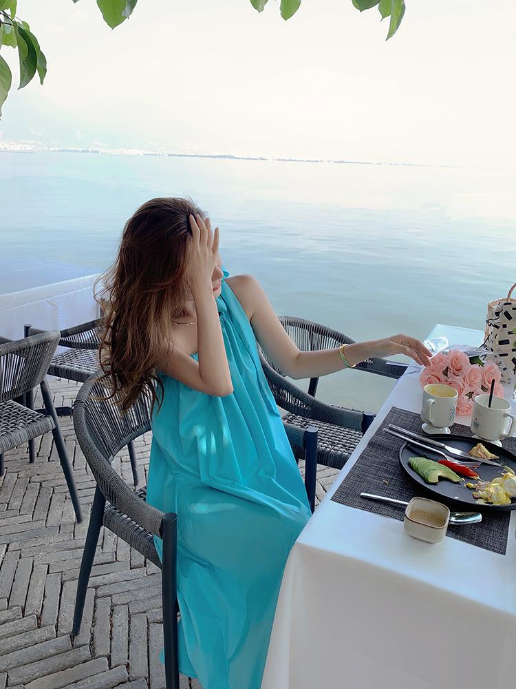 Sanya travel wear photo beach dress women small seaside vacation super fairy slanted shoulder suspender dress S синий