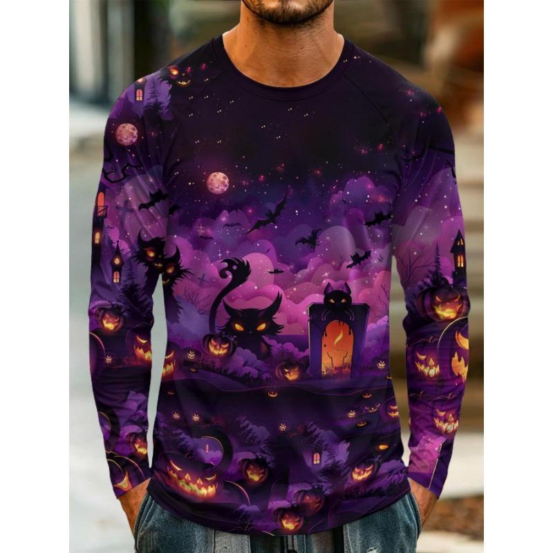 Men Long Sleeve T‑Shirt Purple Halloween Night Black Cat Pumpkin Bat Moon Print Crew Neck Casual Tops