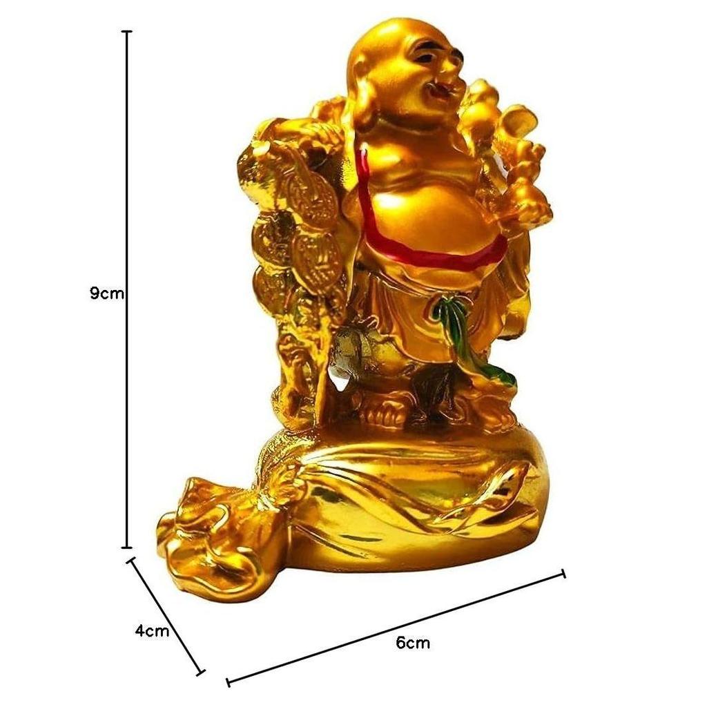 Laughing Buddha Standing on Money Potli Idol Statue Showpiece Happiness and Money Wealth Sitting Idol for Home Decor Living Room