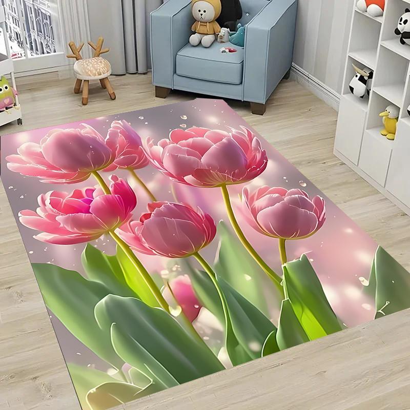 Krásný 3D tištěný koberec s tulipány do obývacího pokoje, ložnice Alfombra Protiskluzový měkký kusový koberec Pohovka Vstupní rohožka Domácí rohožka Dekor Tapete