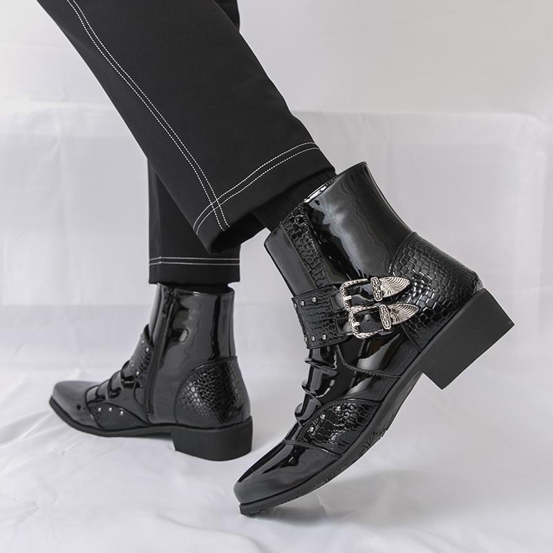 Men High Top Boots Pu Low Heel Pointed Fashion Hairstylist Banquet Men Boots