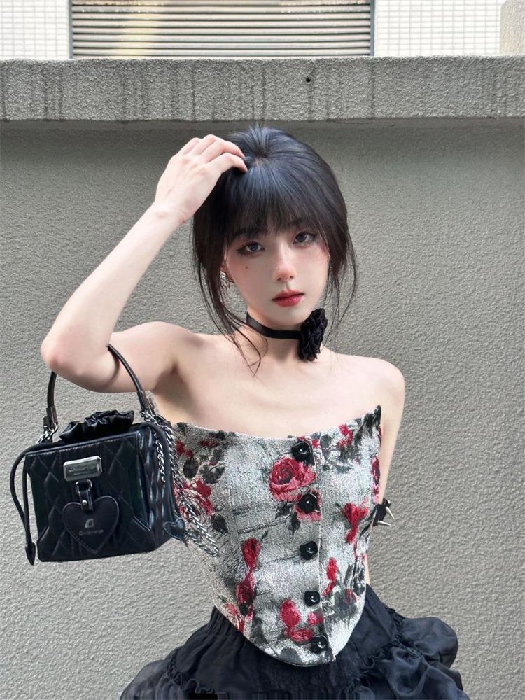Sexy Bow Print Two Piece Set Women Summer Strapless Rose Tops + Mini Cake Skirt Female Korean Fashion Streetwear Party New Suits
