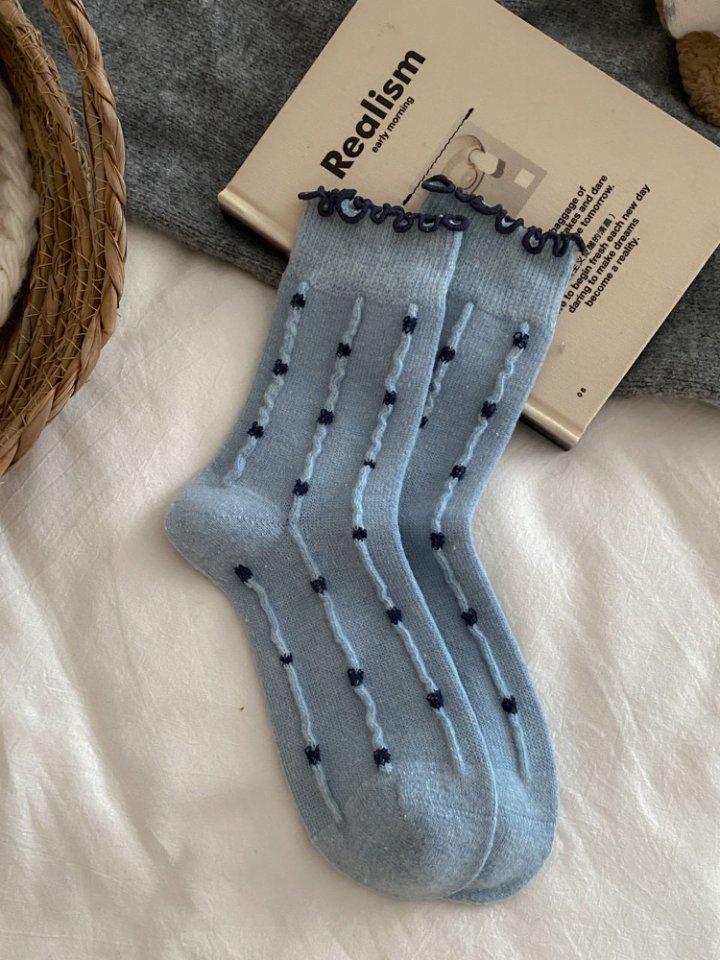 

Polka Dot Floral Merino Wool Slouch Socks with Lettuce Edge and Lace