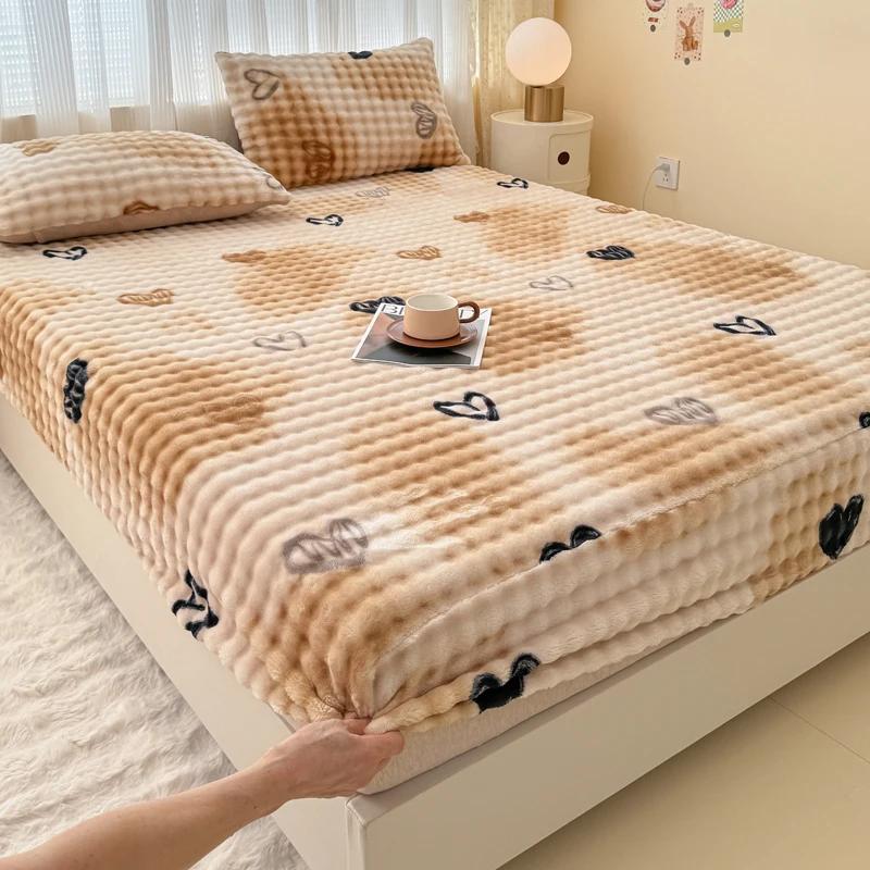 Fluffy Plush Fitted Bed Sheet Cartoon Long Hair Fleece Bed Cover for Double Bed Fundas De Colchón Winter Warm Mattress Cover