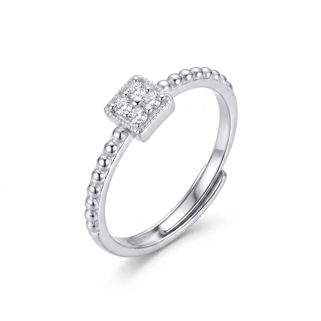 S925 Sterling Silver Geometric Diamond Bead Adjustable Women's Ring - Elegant Light Luxury Accessory