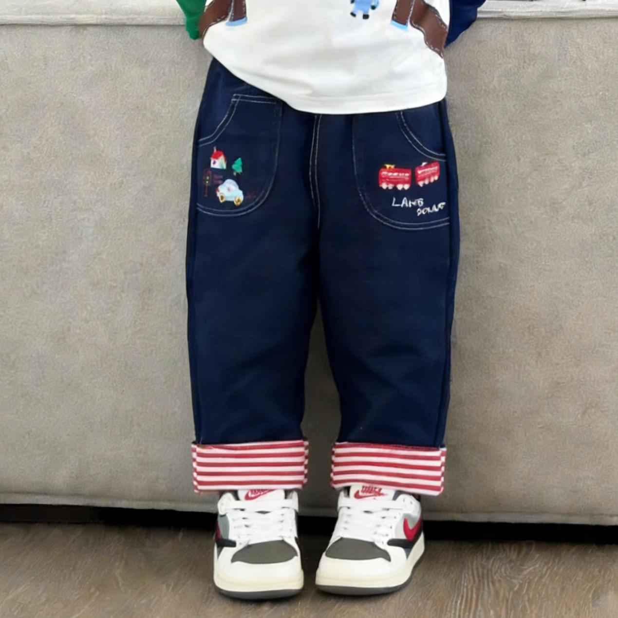 Spring 2026 Cartoon Embroidered Cuffed Trousers for Toddlers & Kids 130 cm