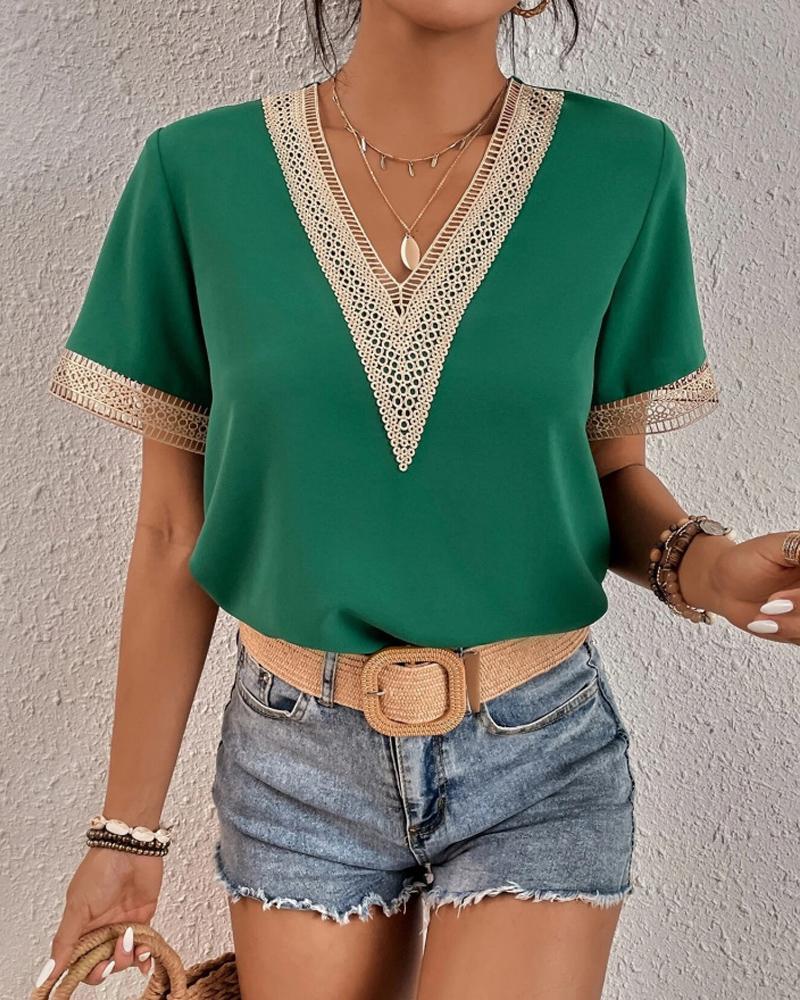 Short Sleeve T-Shirt Fashion Casual V-Neck Lace Short Sleeve Chiffon Top Women's Clothing