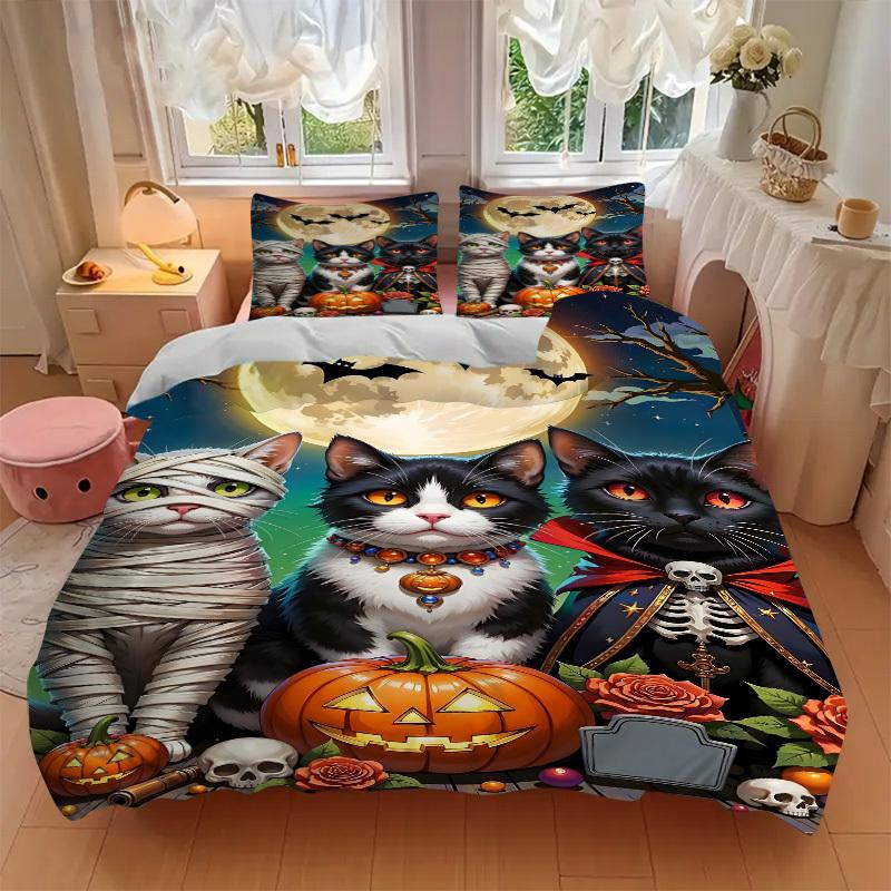 3pcs Halloween Cats Duvet Cover Set, Cover For Bedroom Guest Room (1 Duvet Cover + 2 Pillowcase, Without Quilt),  yy250922130
