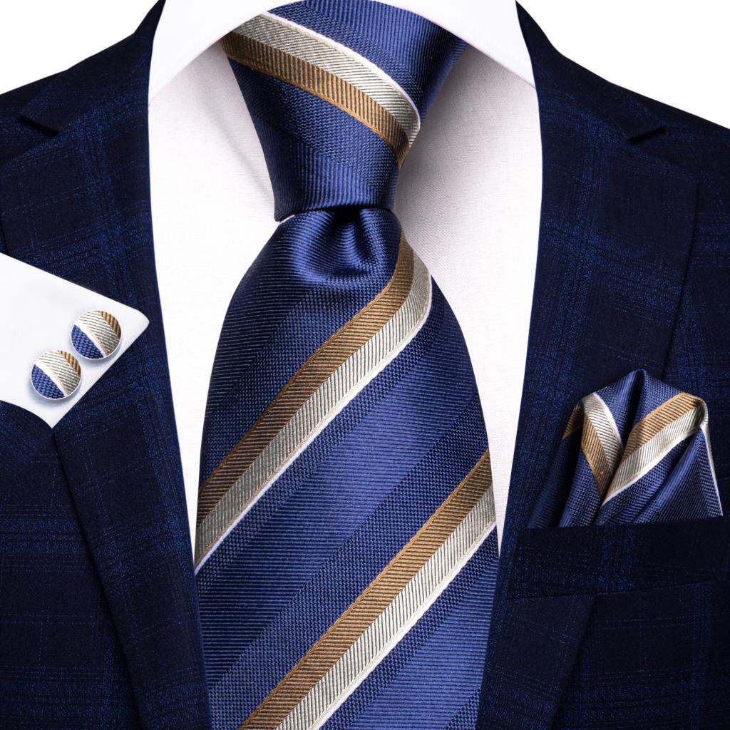 Hi-Tie Navy Blue Striped Silk Wedding Tie For Men Fashion Design Gift Men Necktie Hanky Cufflink Set Business Party Dropshiping