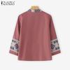 ZANZEA Women Ethnic Print Casual Round Neck Loose Long Sleeve Cardigan Blouse