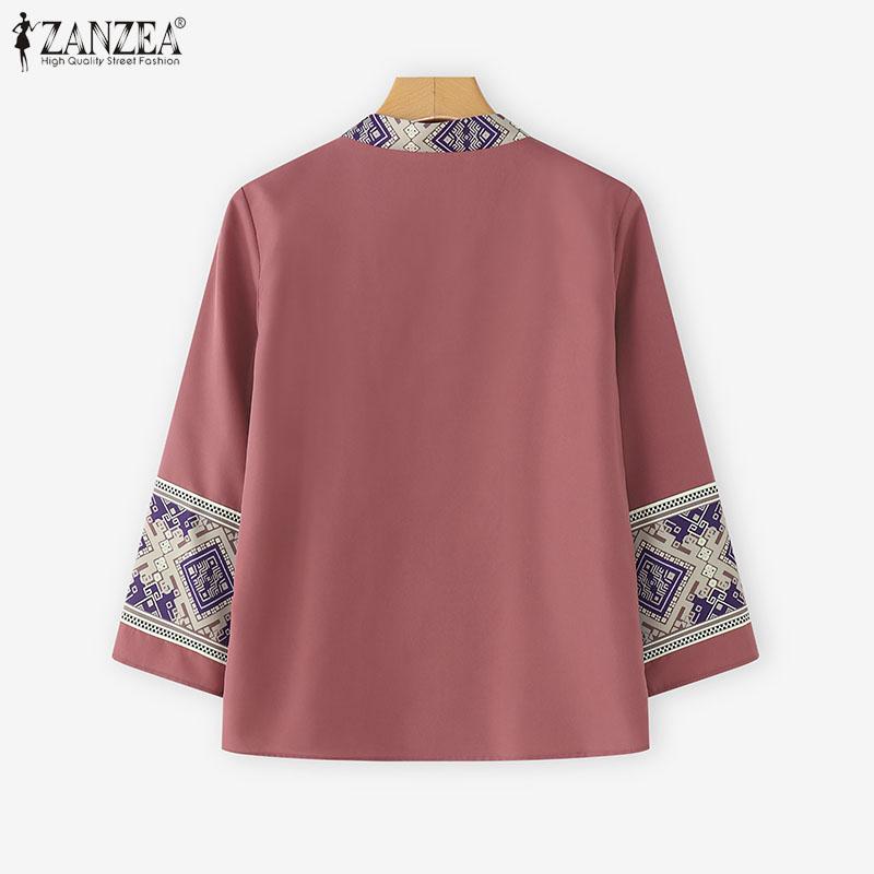 ZANZEA Women Ethnic Print Casual Round Neck Loose Long Sleeve Cardigan Blouse