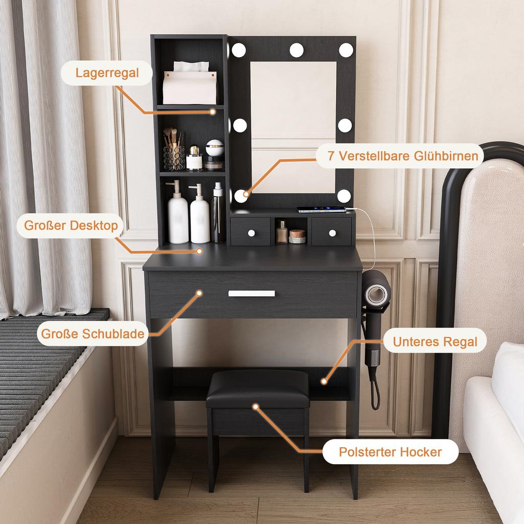 Small Vanity Table with Mirror and Adjustable LED Lighting, Socket, Hair Dryer Holder & Padded Stool - with Drawers and Shelf, Black, W60/H131.5/D38cm