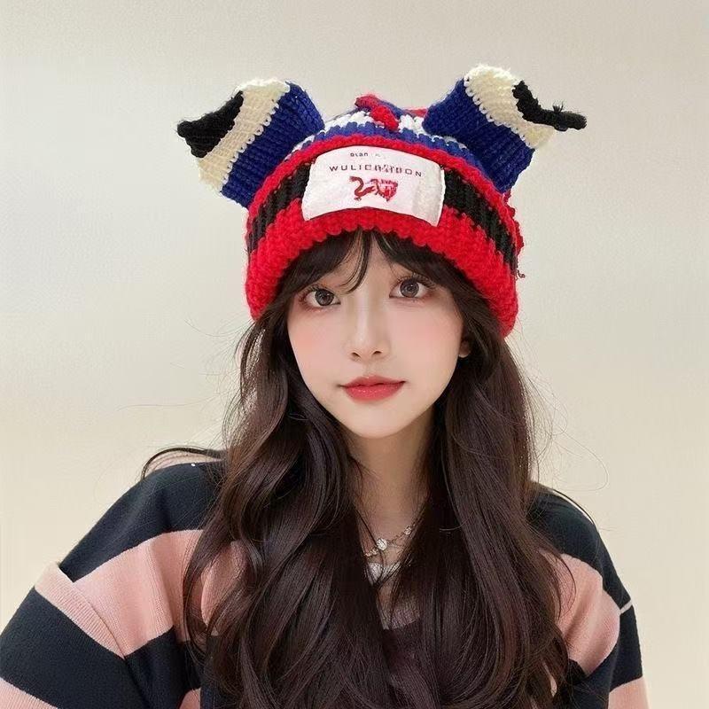Pig Cat Ears Wool Hat Female Adult Autumn and Winter Thermal Hat Funny Cute Student Couple Knitted Hat