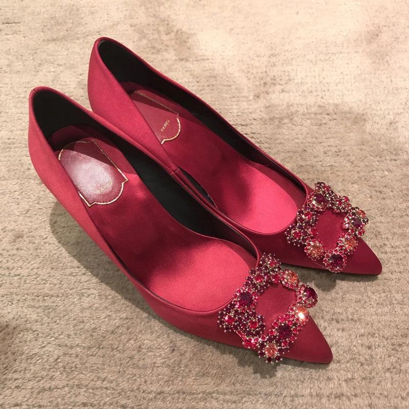 Sheepskin version~ wedding to have it satin light mouth square buckle flower diamond thin high heel single shoes women's wedding shoes