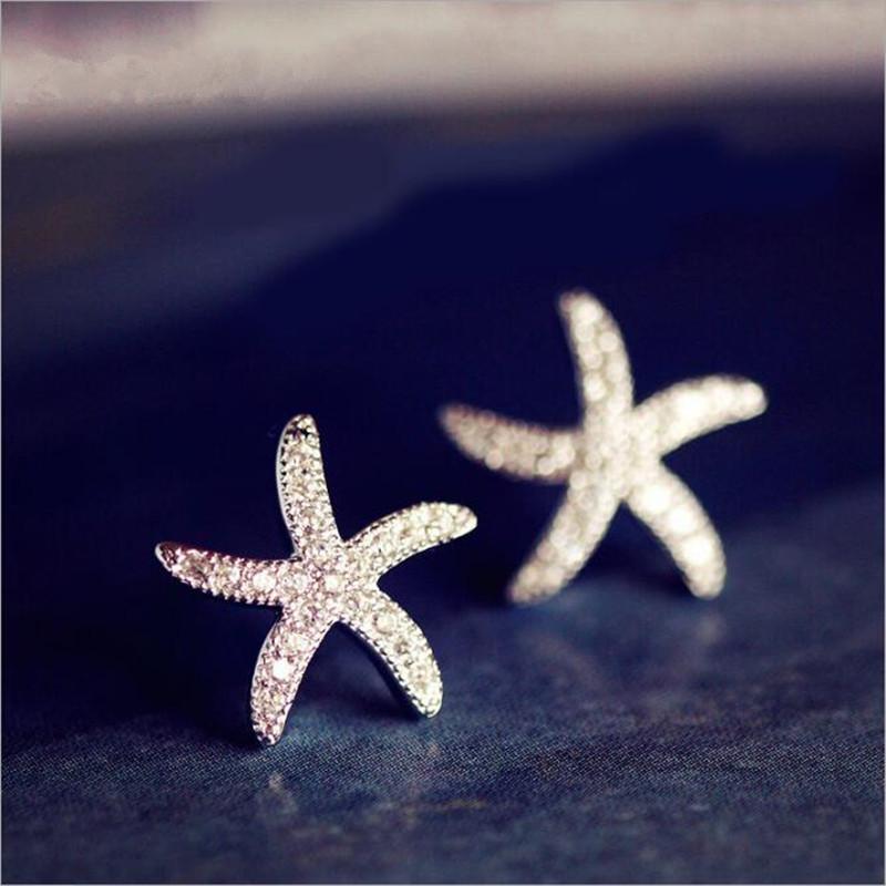 925 Silver Micro Pave Crystal Starfish Stud Earrings E037