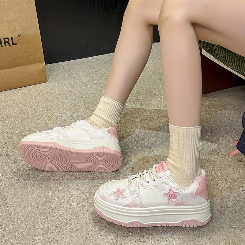 Women's Spring Pink Campus Puffy Thick-Soled White Casual Sports Board Shoes For Petite Frames.