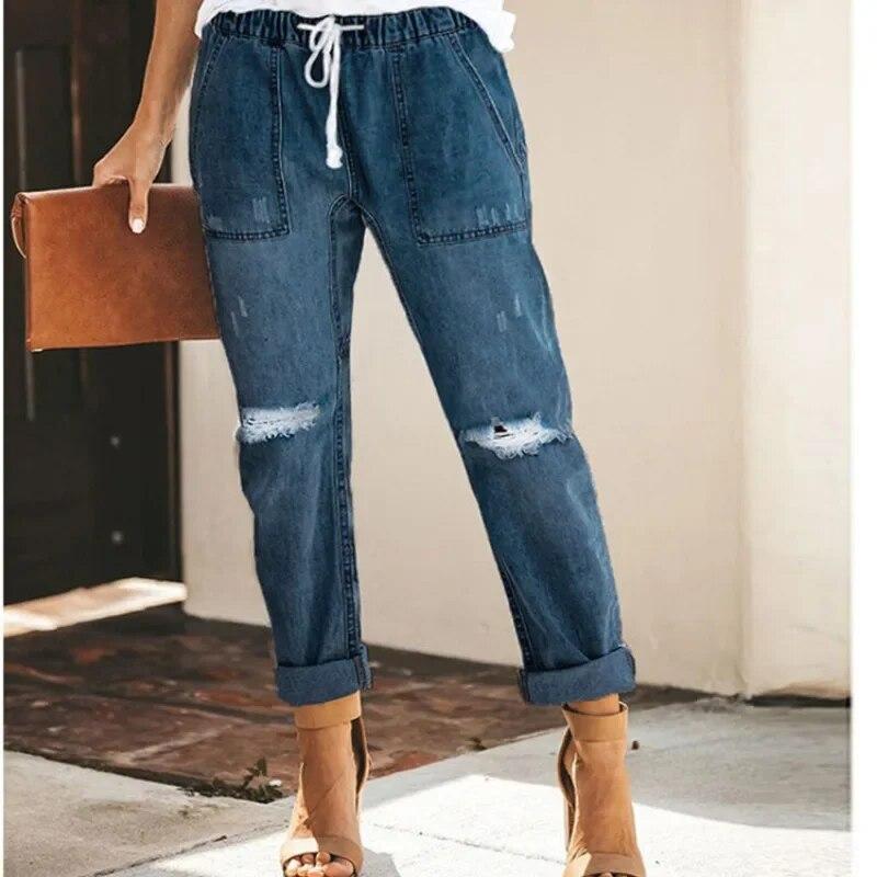 Fashion Loose Washed Pocket Trousers Autumn Drawstring Elastic Waist Denim Jeans Casual Distressed Straight Pencil Pants 30211
