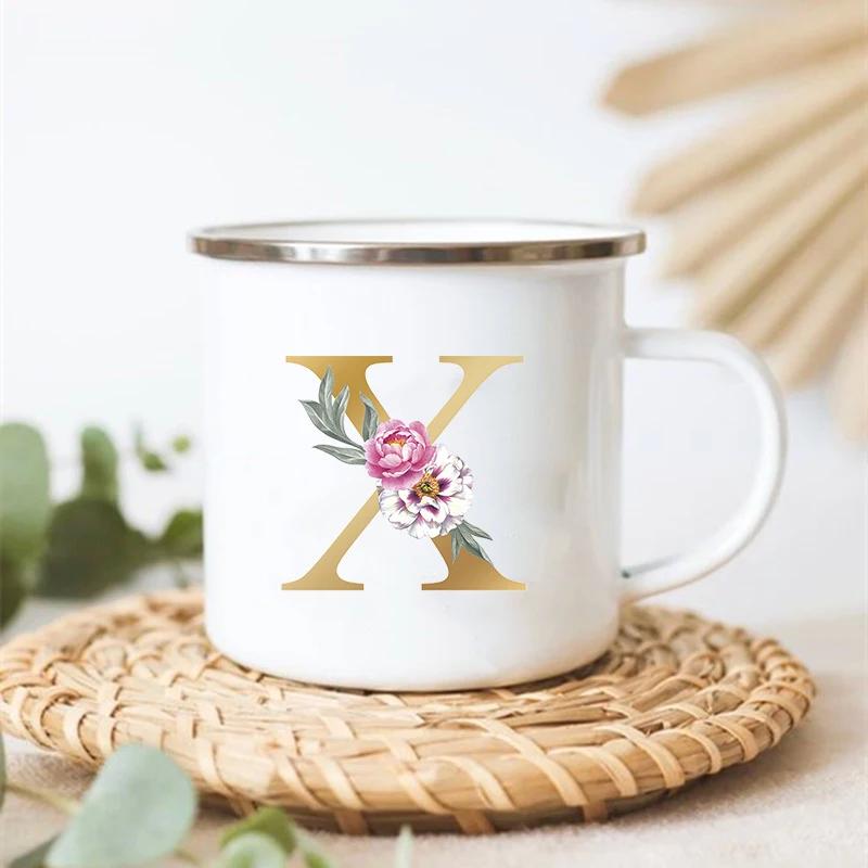 Letter Floral Print Vintage Enamel Mugs Creative Coffee Tea Cup Drink Dessert Milk Cups Handle Drinkware Wedding Bridesmaid Gift