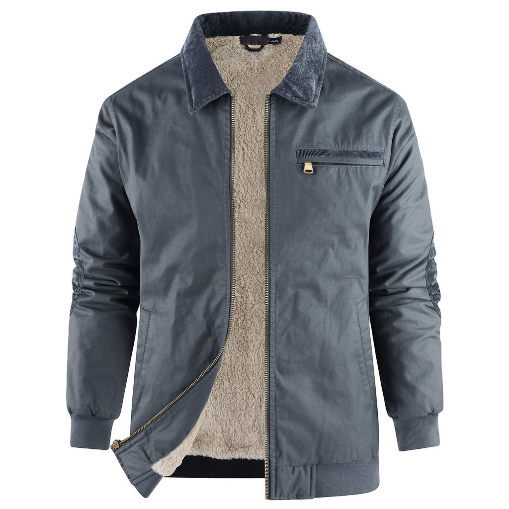 Men's Solid Color Zipper Pocket Work Jacket Men's Casual Trucker Fleece Jacket
