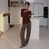 Akiyo Studio Western Style Gyaru Leopard Print Straight Casual Trousers Fashionable Low Waist Lace Draping Effect Trousers