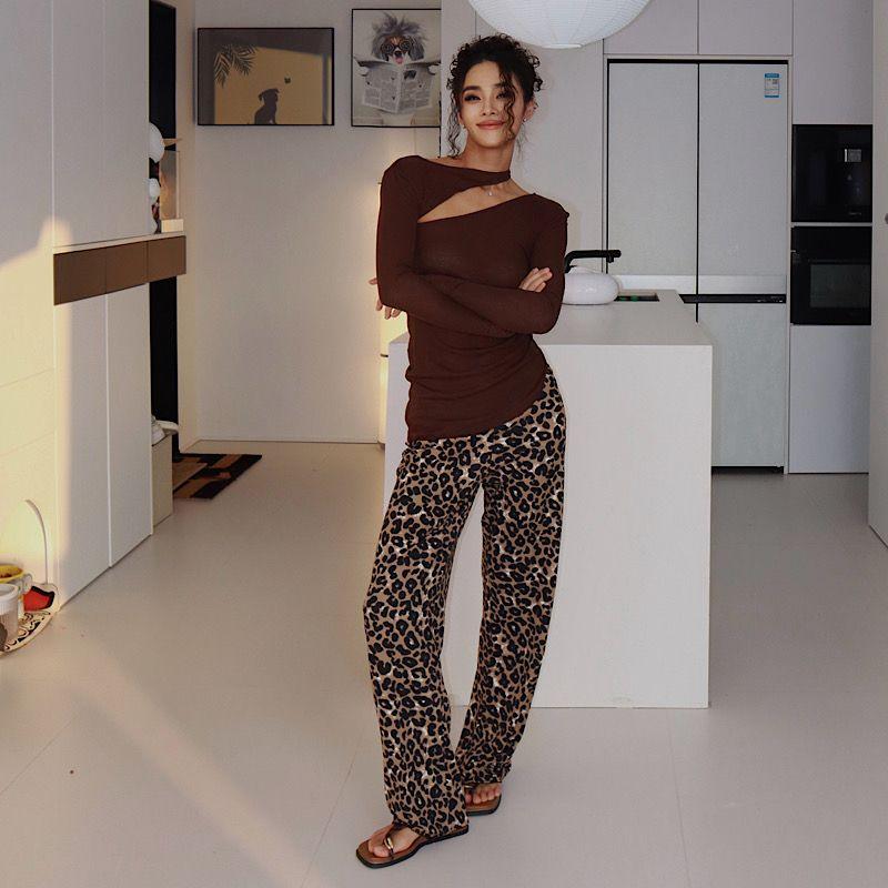 Akiyo Studio Western Style Gyaru Leopard Print Straight Casual Trousers Fashionable Low Waist Lace Draping Effect Trousers