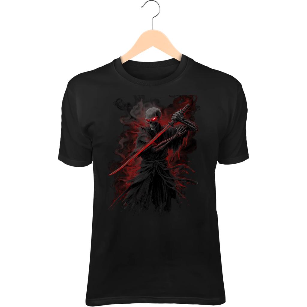 Skull Warrior II T-Shirt – Torn Black Robes, Glowing Blade, Inspired Dark Art