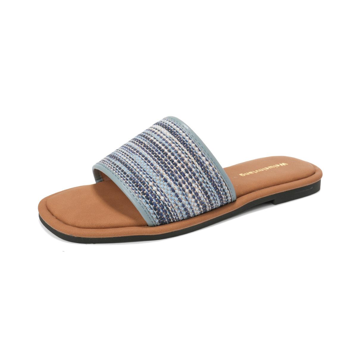 

Flat bottom woven one-word slippers women s summer wear retro skirt Roman cool slippers 43 синий