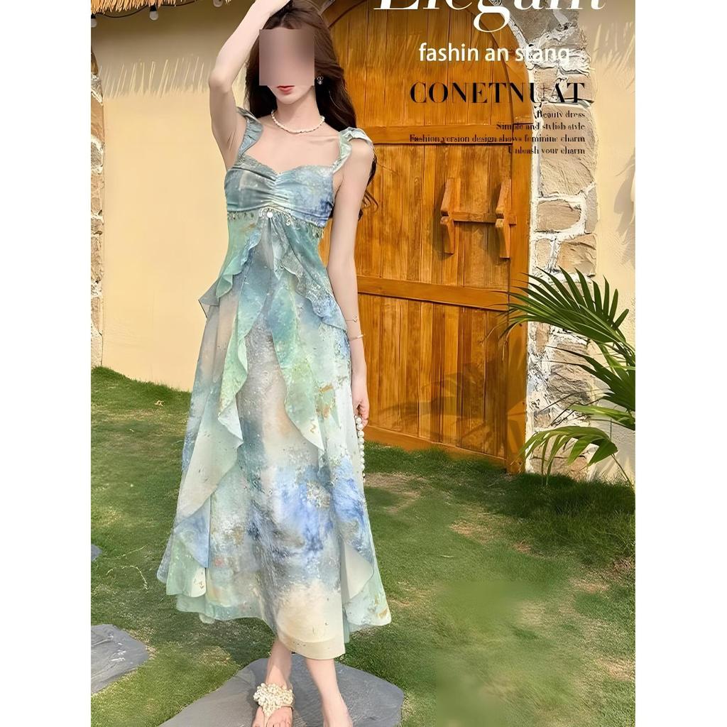 Dopamine Stunning Monet Garden Oil Painting Suspender Dress Women's Summer Seaside Vacation Unique Pinch Waist Tyndall Dress