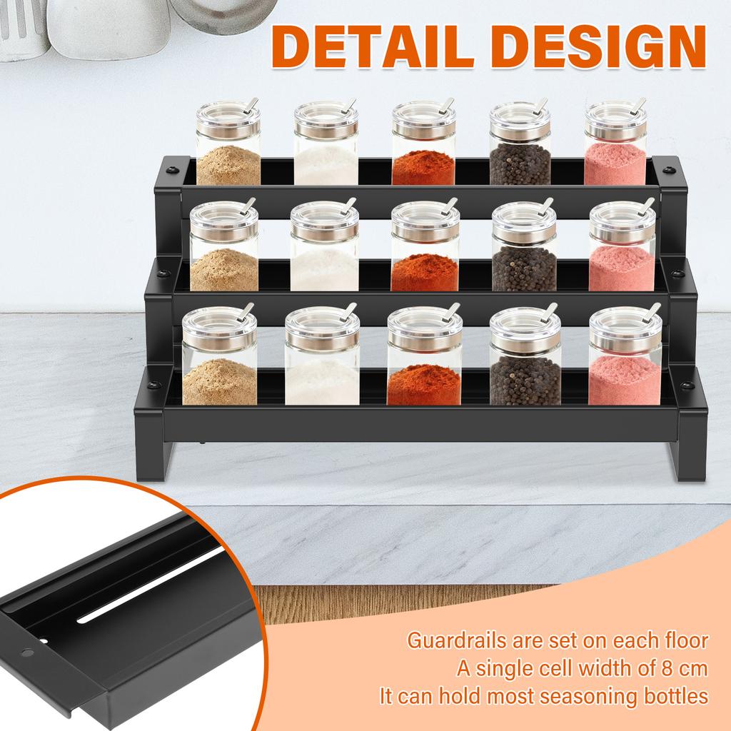 3 Tier Expandable Kitchen Storage Rack Carbon Steel Spice Bottle Rack With Fence Telescopic Seasoning Jar Organizer for Home