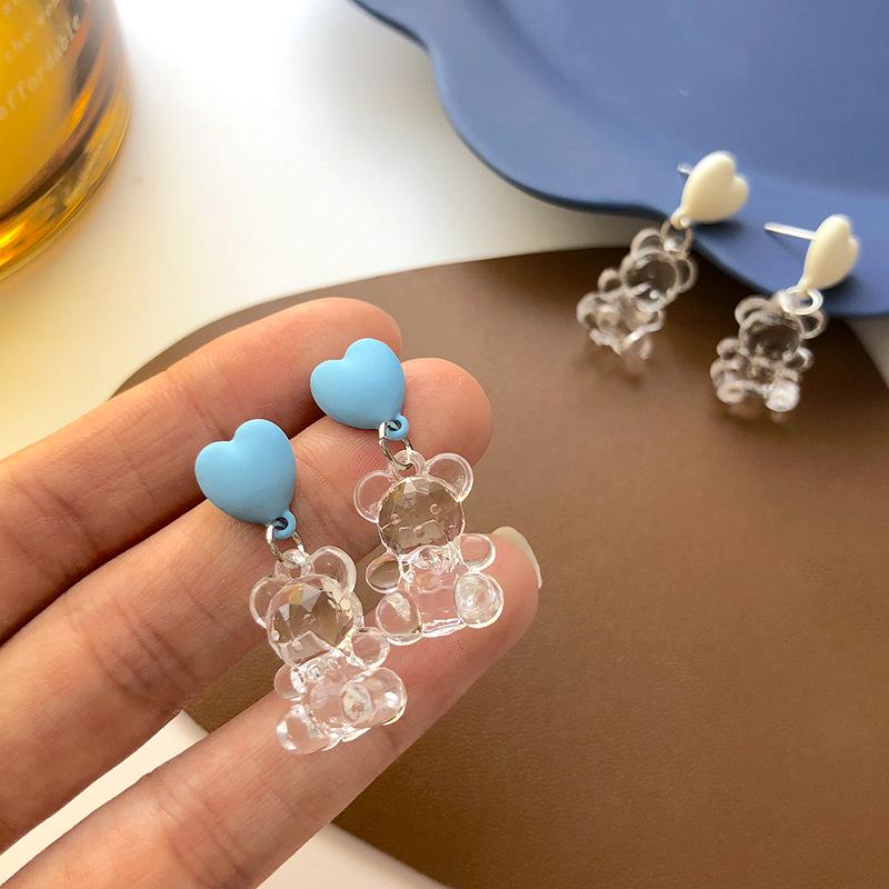 

Серьги-пусеты из серебра S925 с прозрачными мишками для женщин - Милые, дизайн в виде сердечка, не требуют прокола, летний стиль