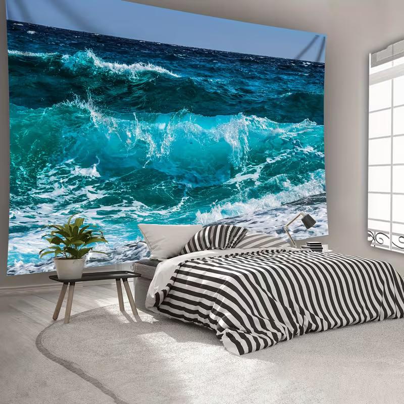 2D Ocean Wave Tapestry Turquoise Sea Wall Hanging for Bedroom Living Room Home Decor