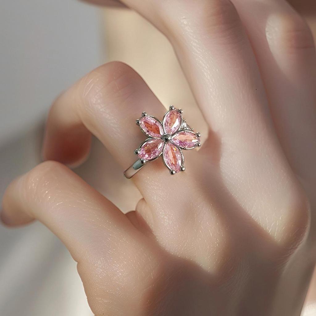 Cherry Blossom Pink Zircon Flower Rotating Anti-Anxiety Adjustable Ring for Women