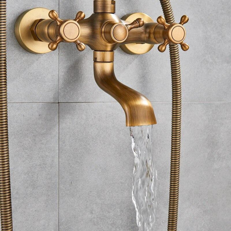Messing-Badewannen-Duscharmatur-Set im Retro-Stil, zwei Knöpfe, wandmontierte Badewannenarmatur mit Handbrause und drehbarem Wannenauslauf