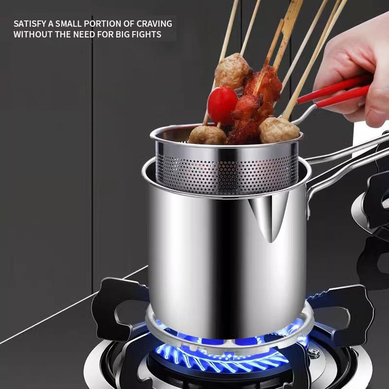 stainless steel fryer with French fries and chicken wings, household small oil pot with filter screen, Tianfu Luo pot