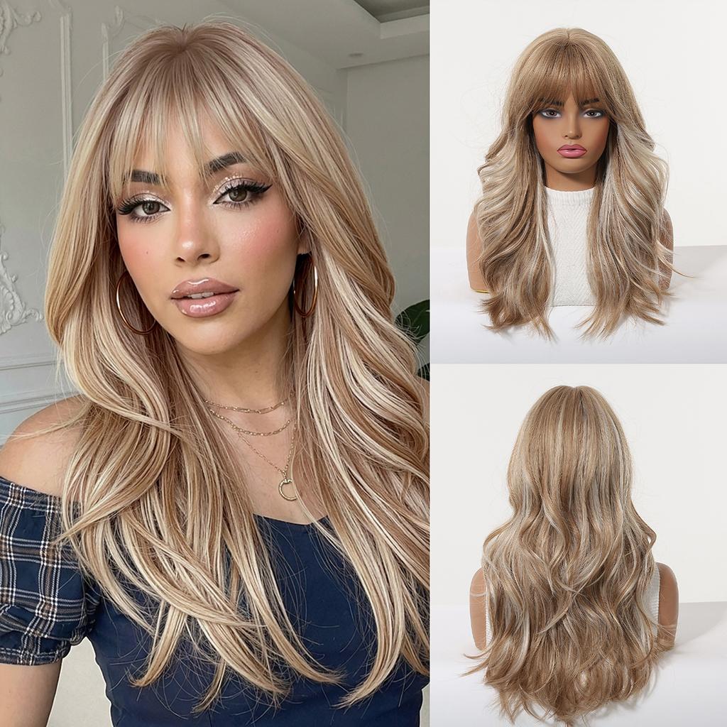 16inch Long Blonde Body Wavy Synthetic Wigs with Bangs for Women Heat Resistant Natural Hairs Wig for Daily Cosplay Party Wear