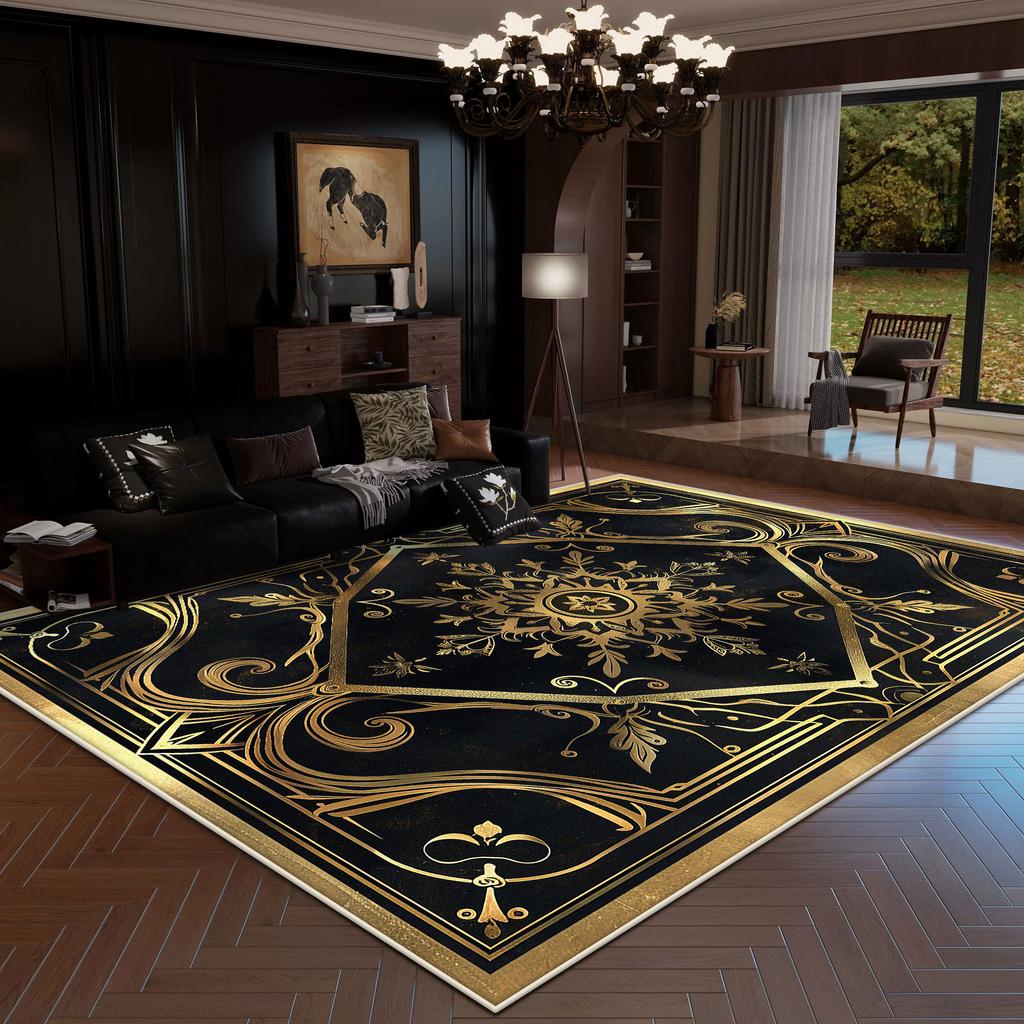 European Style Rug Luxury Decoration Home Large Area Living Room Carpet Golden Striped Rugs Bedroom Bedside Non-slip Soft Mat
