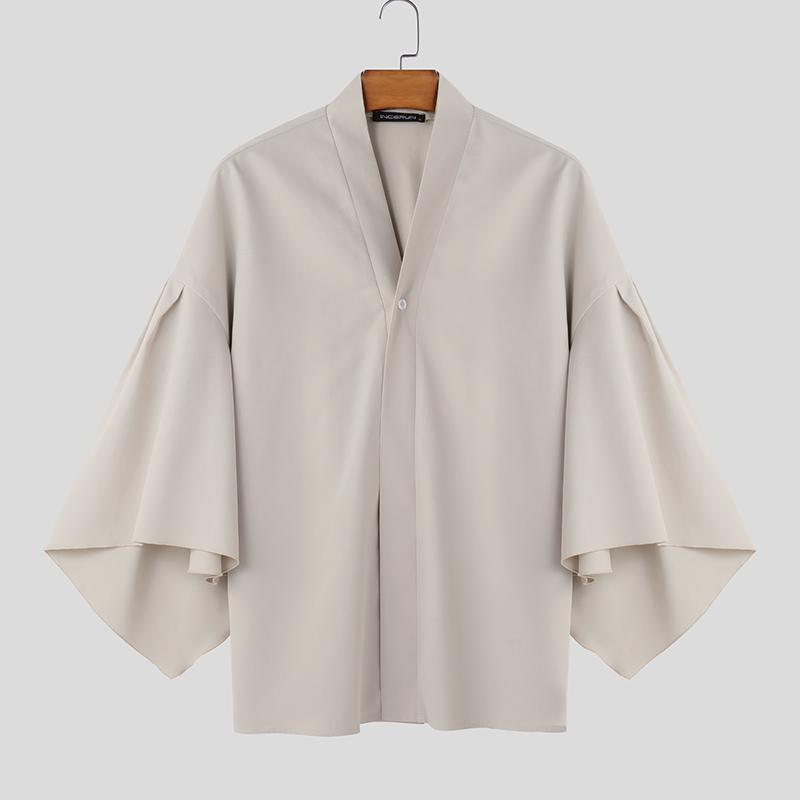 

INCERUN Мужской кардиган с V-образным вырезом, нерегулярными рукавами-клеш, на одной пуговице, повседневный, свободного кроя S бежевый