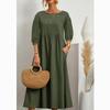 Estate Nuovo Solido Donna Abito Casual Taglia Forte Moda Manica a Lanterna Abiti Ampi Femminile Retro Cotone e Lino Tasca Signore Abito Lungo 24513