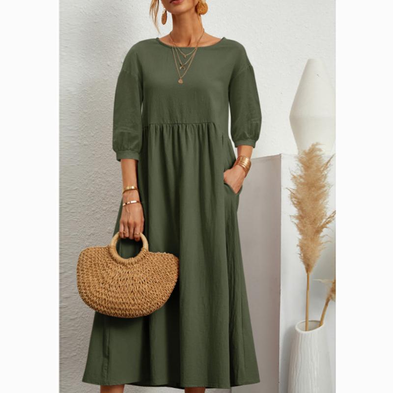 Estate Nuovo Solido Donna Abito Casual Taglia Forte Moda Manica a Lanterna Abiti Ampi Femminile Retro Cotone e Lino Tasca Signore Abito Lungo 24513