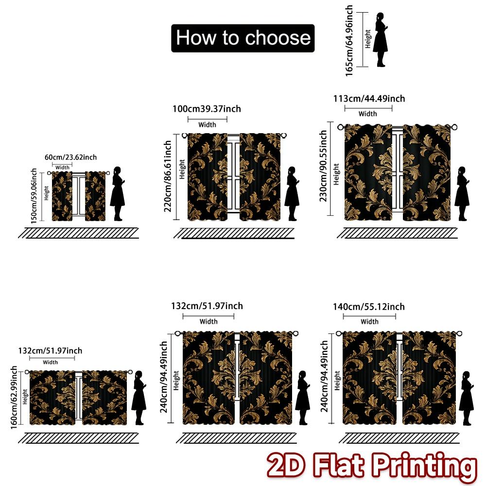 Set Of 2 Flat Printing Curtain Golden Ornamental Flourish Digital Printed Polyester Drapes Family Party Decoration Use Home