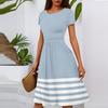 Women's Casual Fashion Round Neck Pleated Short Sleeve Striped Printed A-Line Midi Dress