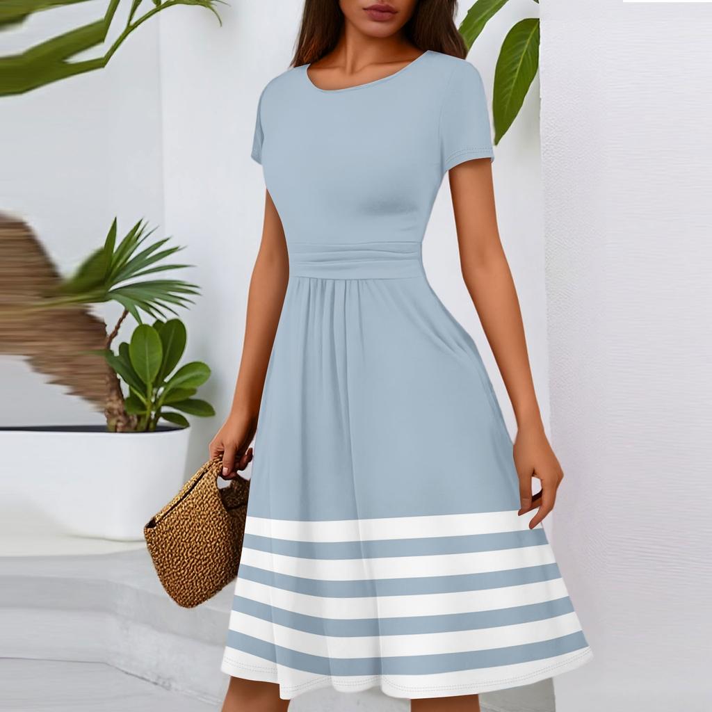 Women's Casual Fashion Round Neck Pleated Short Sleeve Striped Printed A-Line Midi Dress