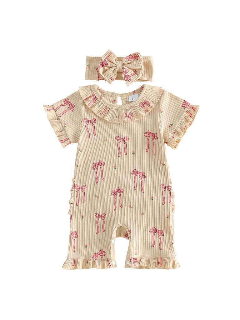 Toddler Girls Floral Print Sleeveless Romper with Ruffled Hem and Matching Headband Set for Summer Outfits