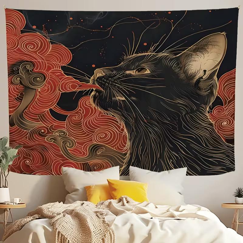 2D Mystische Schwarze Katze Wandteppich, Japanische Ästhetik Rote Wolken Wandkunst für Zuhause