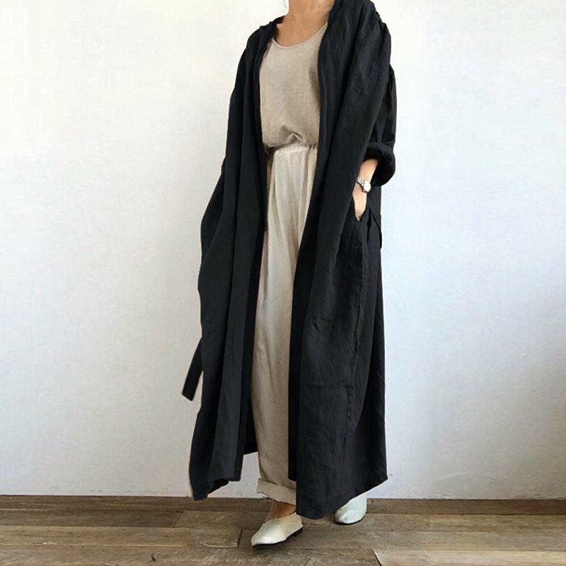 Nero Rosso Moda Donna Manica Lunga Aperto Davanti Cotone Lino Cappotto Blusa Vintage Cardigan Lungo Autunno Tinta Unita Camicia Larga Tunica