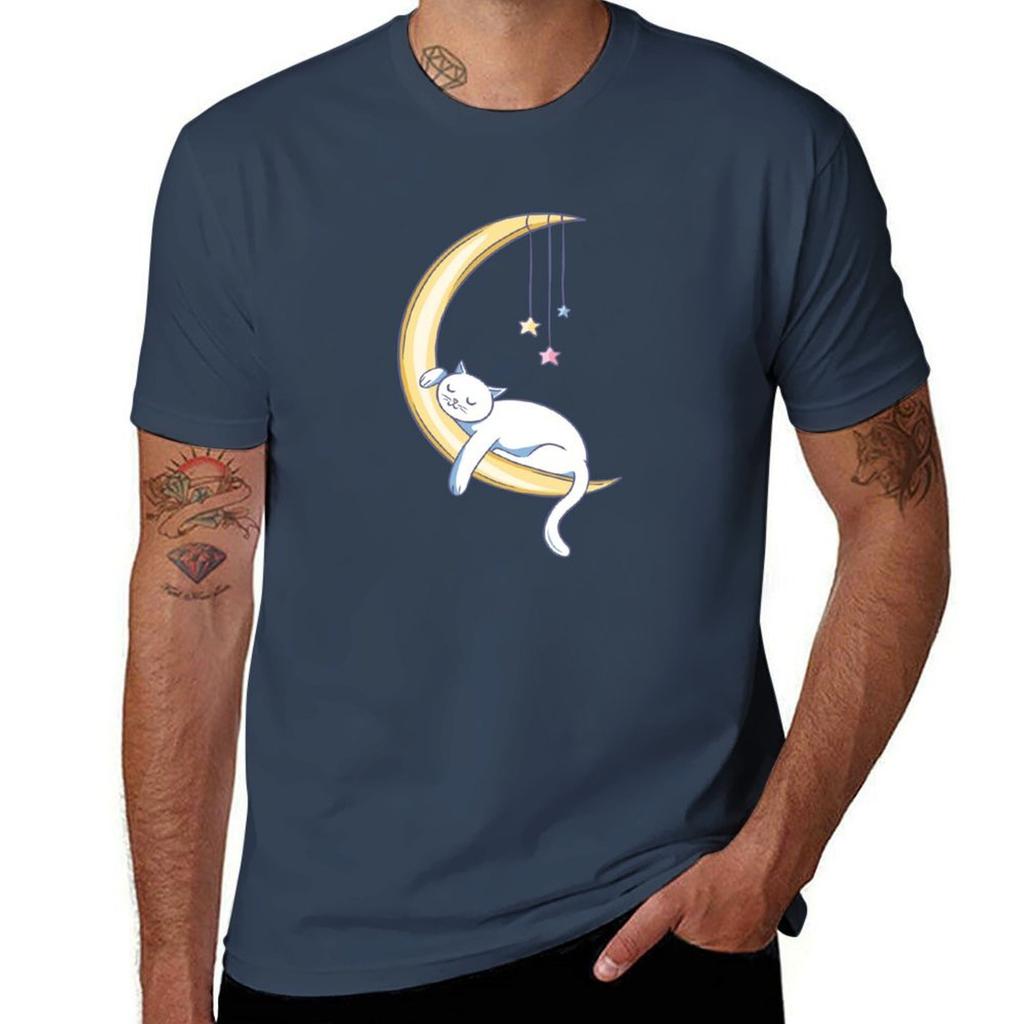 Sleeping Kitten Moon Tshirt Basic Casual Short Sleeve Cotton Shirt