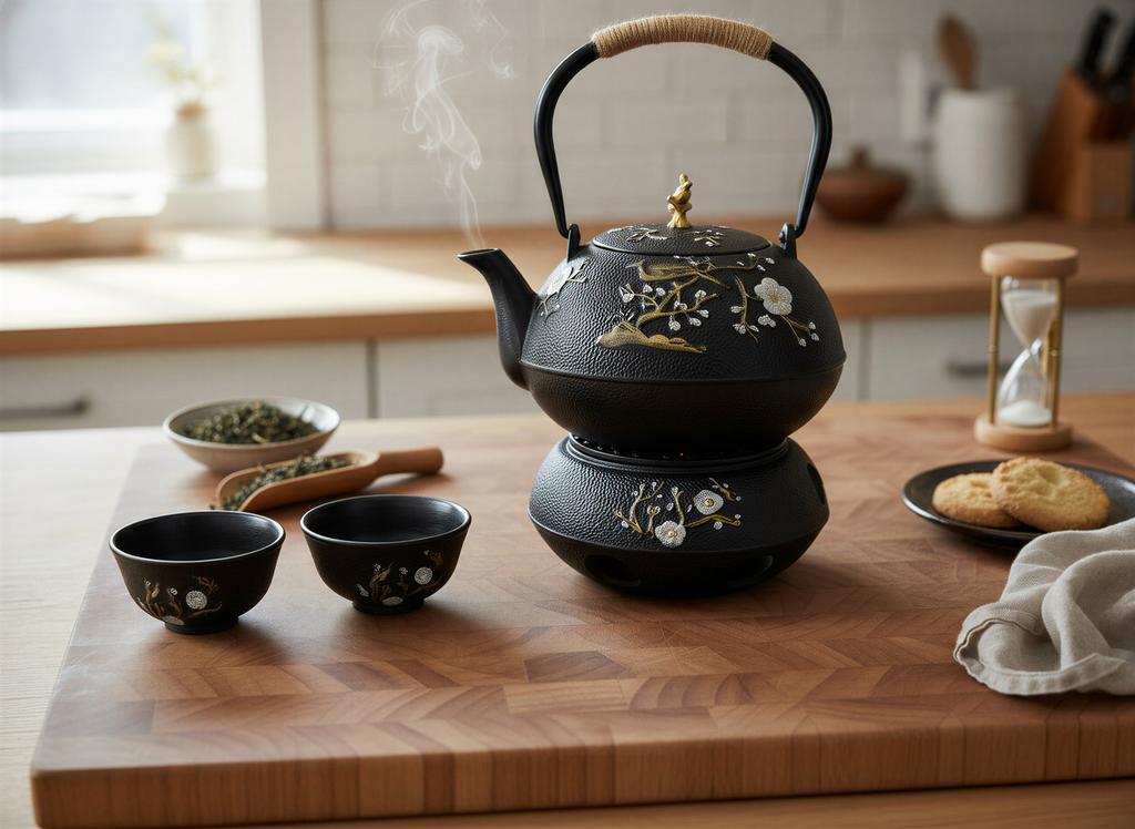 CAST IRON KETTLE 1L HERBAL TEA INFuser 2 CAST IRON CUPS + WARMER